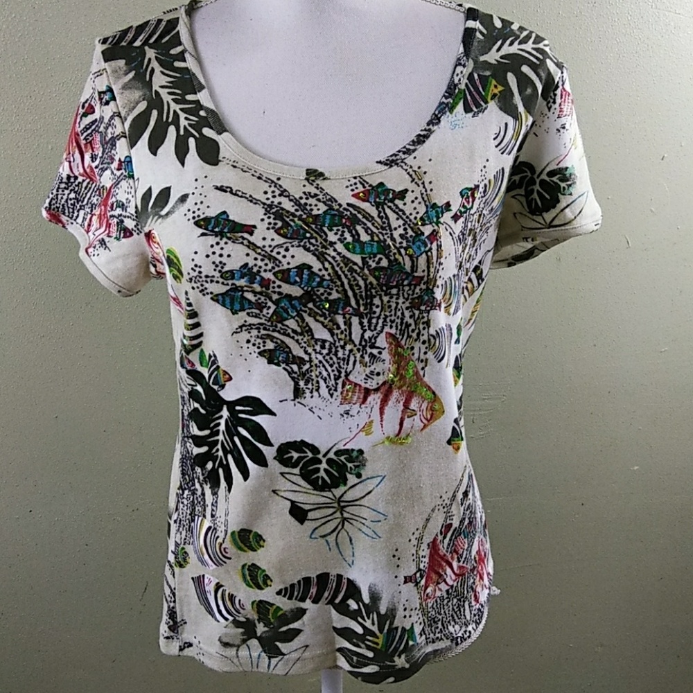 Embellished Tropical Fish Design 100% Cotton T-shirt - M - NWT